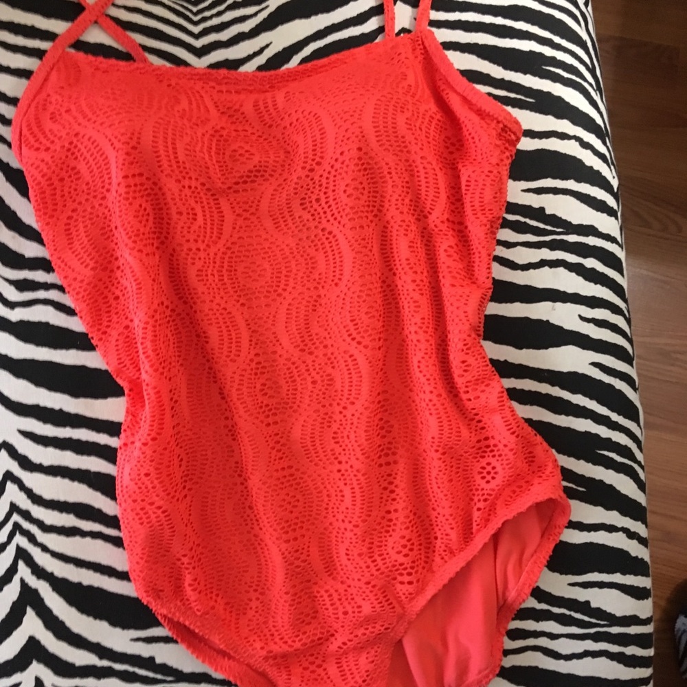 Catalina orange crochet look one piece swimsuit.